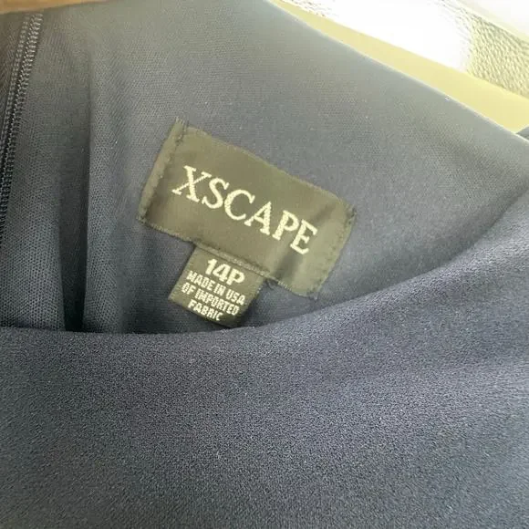 Xscape Evenings “London” Long Scuba Crepe Short Sleeve Dress Navy Size 14P NWT